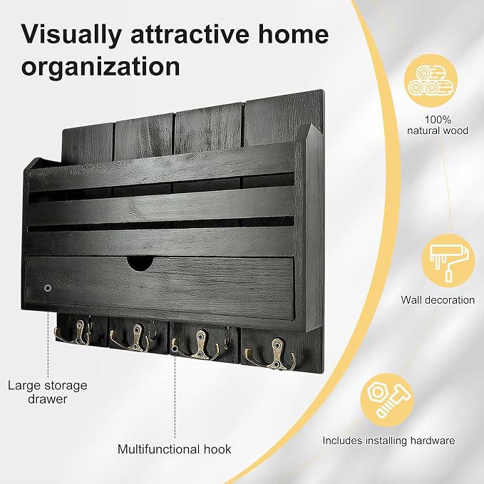 Black Wall Key Rack Multi Hooks Entryway Storage Box | Entryway Wall Decor Key - Image 5