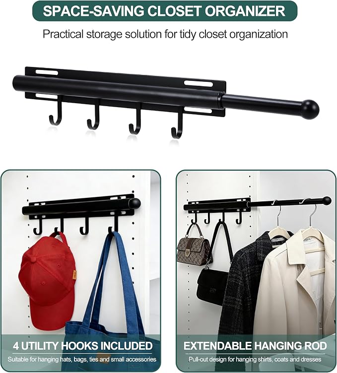 12in，Valet Rod，Valet Rod For Closet Pull Out，（Black） Closet Rod，Hanging - Image 2