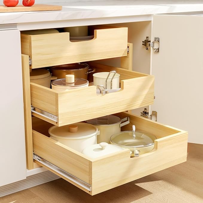Pull Out Cabinet Organizer, 3 Tier Soft Close Slide Out Wooden Pull out Drawers - Image 2