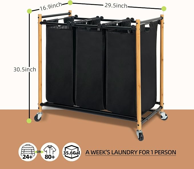 STORAGE MANIAC 3 Section Laundry Sorter, 35.9 Gal Laundry Hamper Cart - Image 3