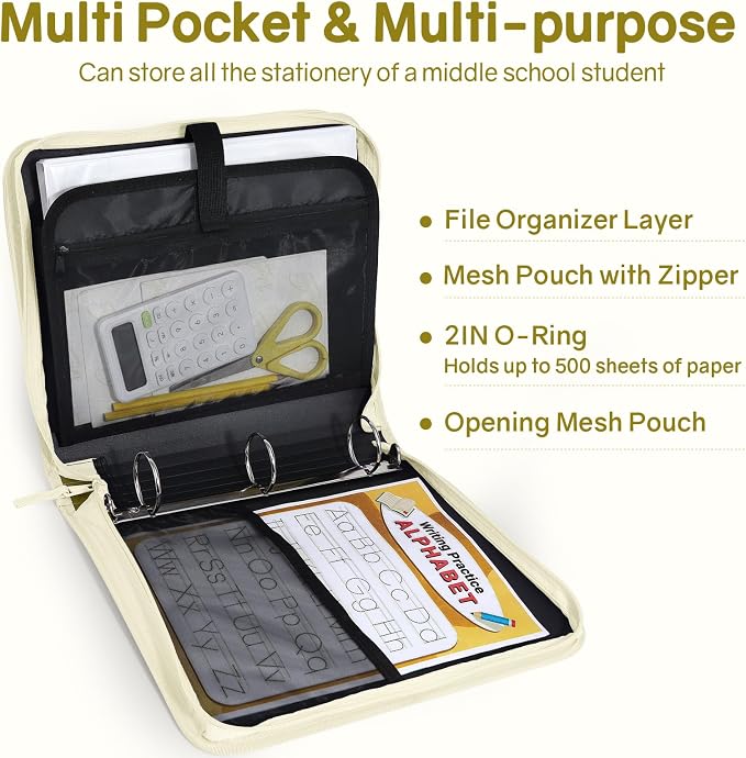 SUNEE Zippered Binder Bag with Handle, 2-Inch 3-Ring O-Ring, 500-Sheet Capacity - Image 3