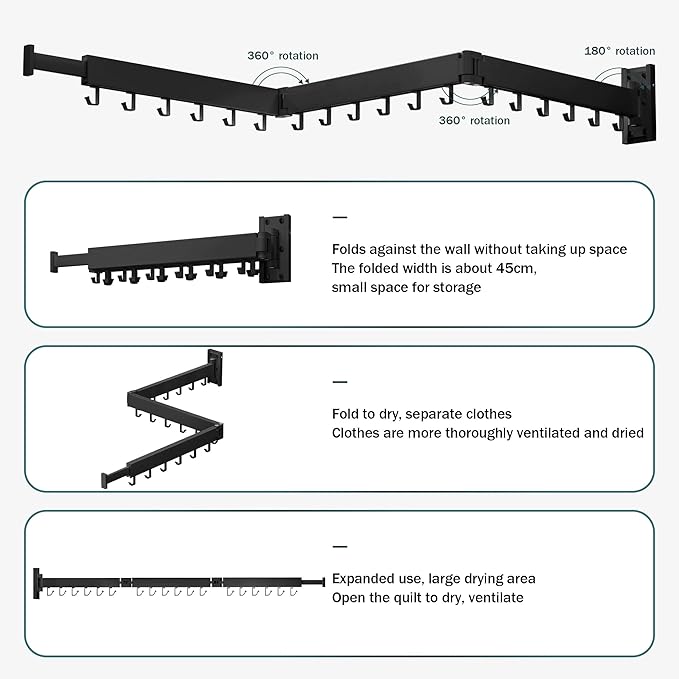 BOQORAD Drying Rack Clothing, Clothes Drying Rack Wall Mounted, Collapsible - Image 5