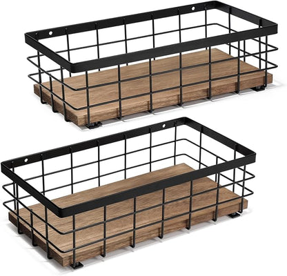 TJ.MOREE Small Metal Wire Basket, Decorative Wood Base Organizer by TJMOREE