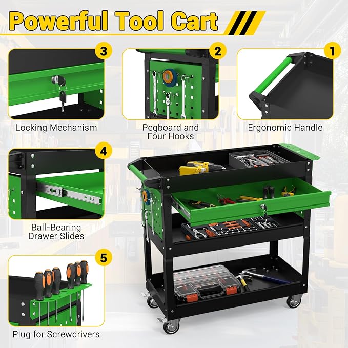3 Tier Rolling Tool Cart on Wheels, 550 LBS Tool Cart - Image 6