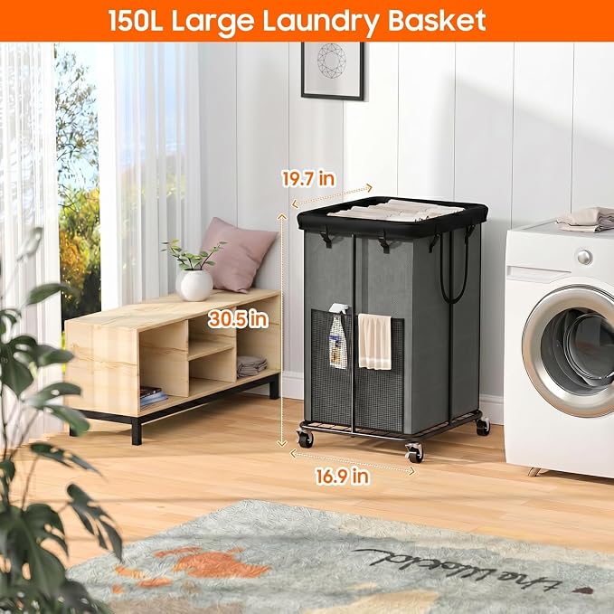 150L Laundry Hamper with Wheels, Rolling Laundry Basket with Metal Frame and - Image 2