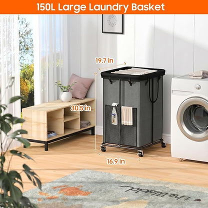 150L Laundry Hamper with Wheels, Rolling Laundry Basket with Metal Frame and - Image 2