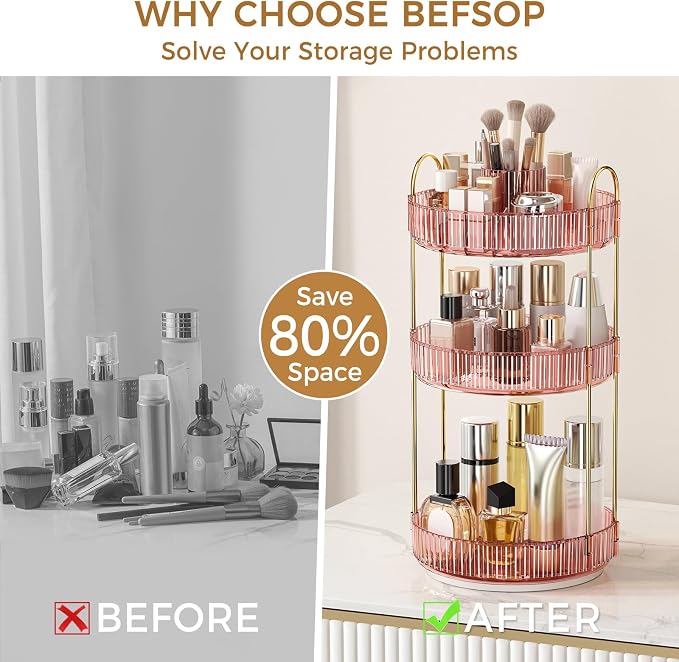360° Rotating Makeup Organizer, Upgraded 3 Tier Skincare Perfume Organizers - Image 3