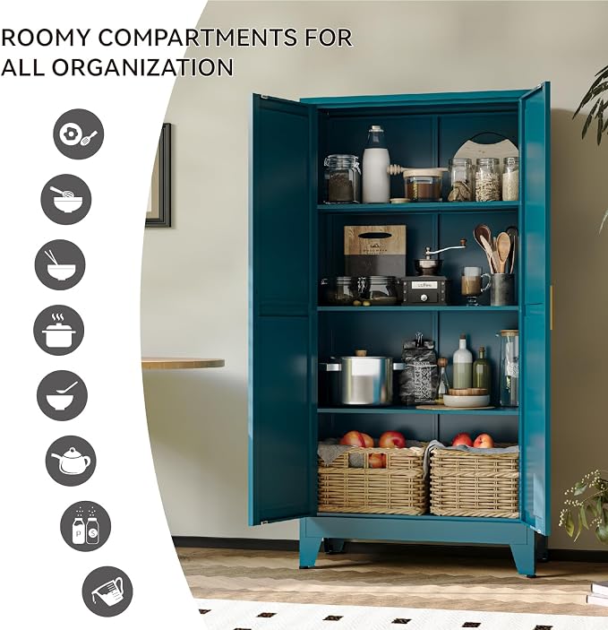 COFaR 61" Metal Pantry Cabinet in Peacock Blue, Farmhouse Storage Cabinet - Image 6
