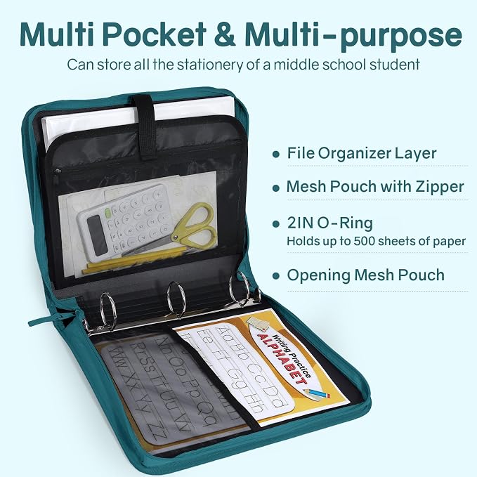 SUNEE Zippered Binder Bag with Handle, 2-Inch 3-Ring O-Ring, 500-Sheet Capacity - Image 3