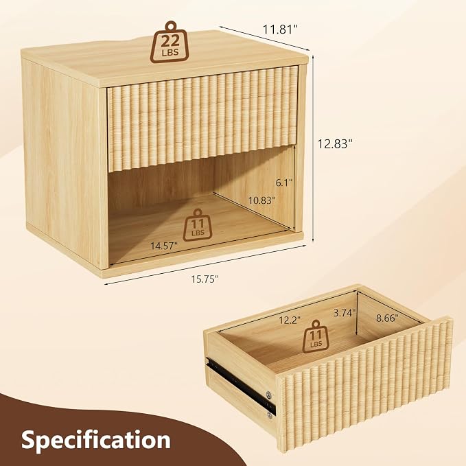VINGLI Floating Nightstand Set of 2 Fluted Nightstands - Image 2