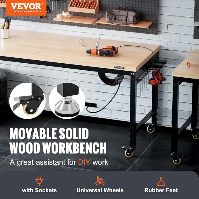 VEVOR Workbench for Garage 72" Adjustable Workbench, Heavy-Duty Hardwood - Image 2