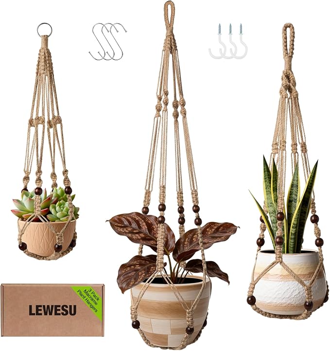 LEWESU 3 Pack Jute Macrame Plant Hanger Indoor 3 Different Sizes Hanging by Unknown