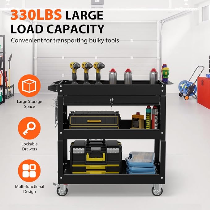 3 Tier Rolling Tool Cart with Drawers, Heavy Duty Utility Cart on Wheels - Image 2