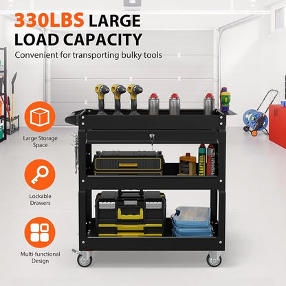 3 Tier Rolling Tool Cart with Drawers, Heavy Duty Utility Cart on Wheels - Image 2
