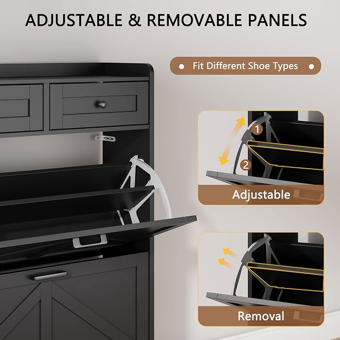 Shoe Cabinet with 2 Flip Drawers & 2 Top Drawers, Hidden Slim Shoe Rack - Image 3