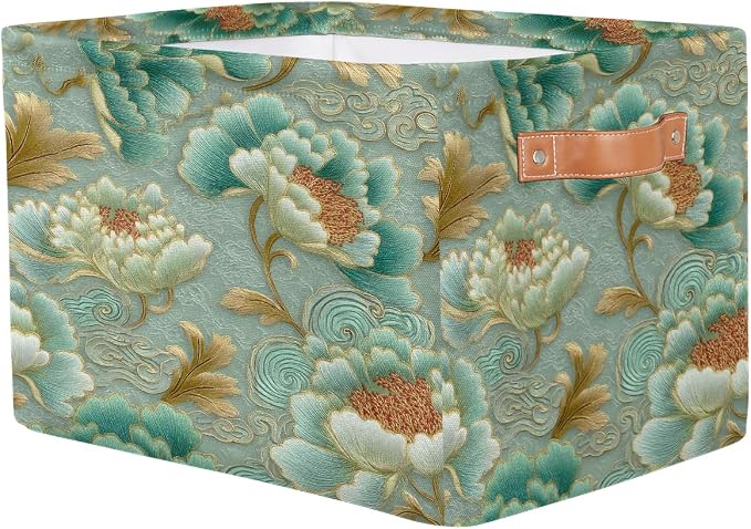 Pardick Teal Flower Floral Basket Storage Bins Large Fabric Toys Storage Cube - Image 2