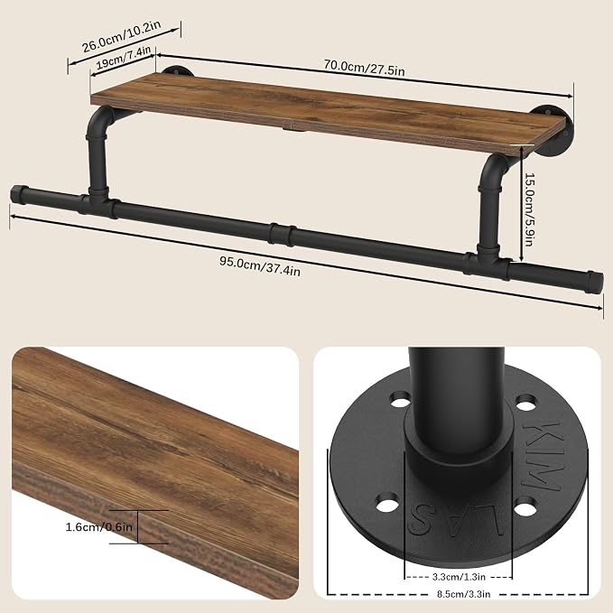 Wall Mounted Garment Rack with Top Shelf, Space Saver Industrial Pipe Clothes - Image 3
