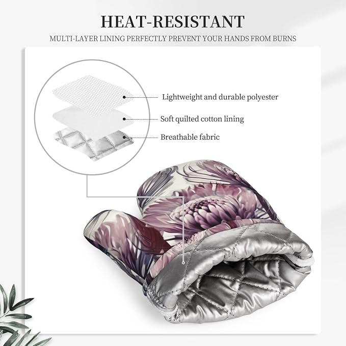Flowers Print Oven Mitts Set of 2, Heat Resistant Silicone Oven Mittens Gloves - Image 5