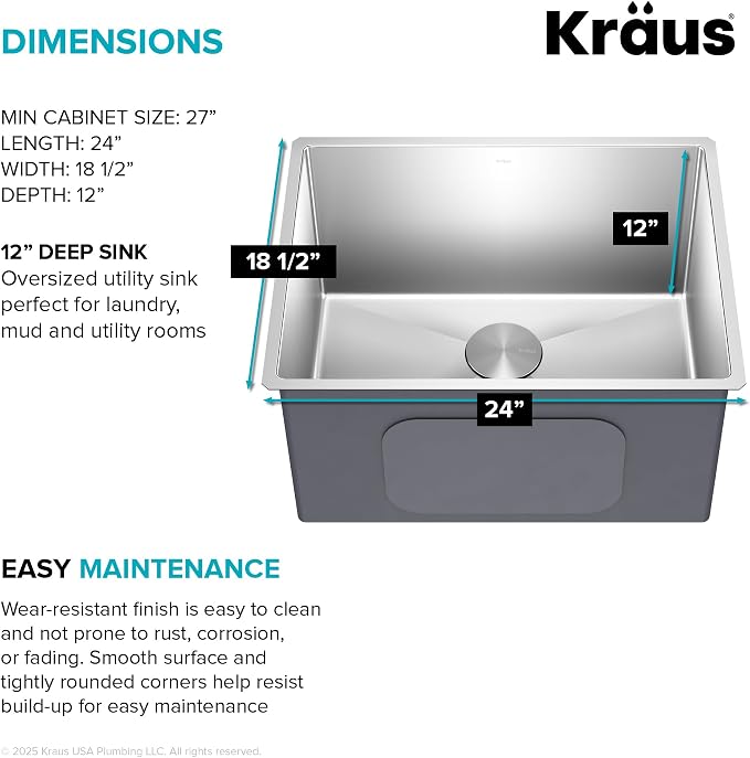 Kraus KHU101-24L Standart PRO 24-inch Undermount 16 Gauge Single Bowl Laundry - Image 6