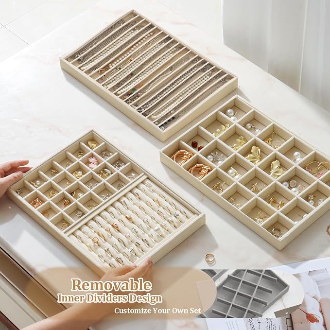 Large Jewelry Drawer Organizer Trays Set of 4, Stackable Velvet Jewelry Trays - Image 3