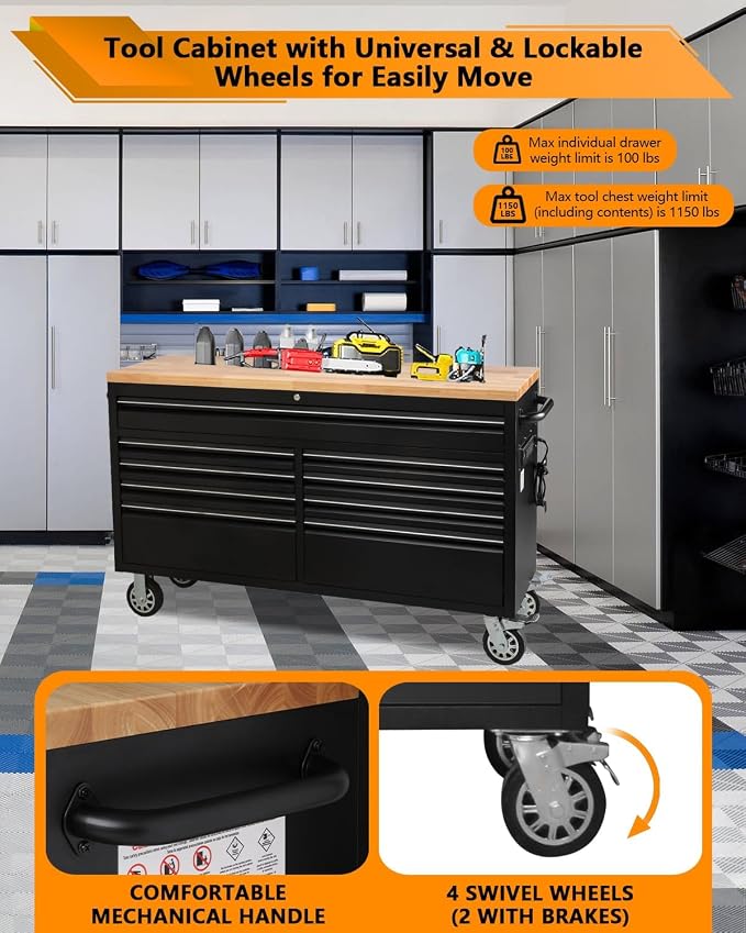 61 Inch Tool Chest, Tool Box Mobile Workbench, 9 Drawers Storage Lockable - Image 5