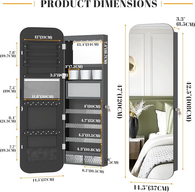Vlsrka 47.2" LED Mirror Jewelry Cabinet, Wall/Door Mounted Full Length Mirror - Image 6