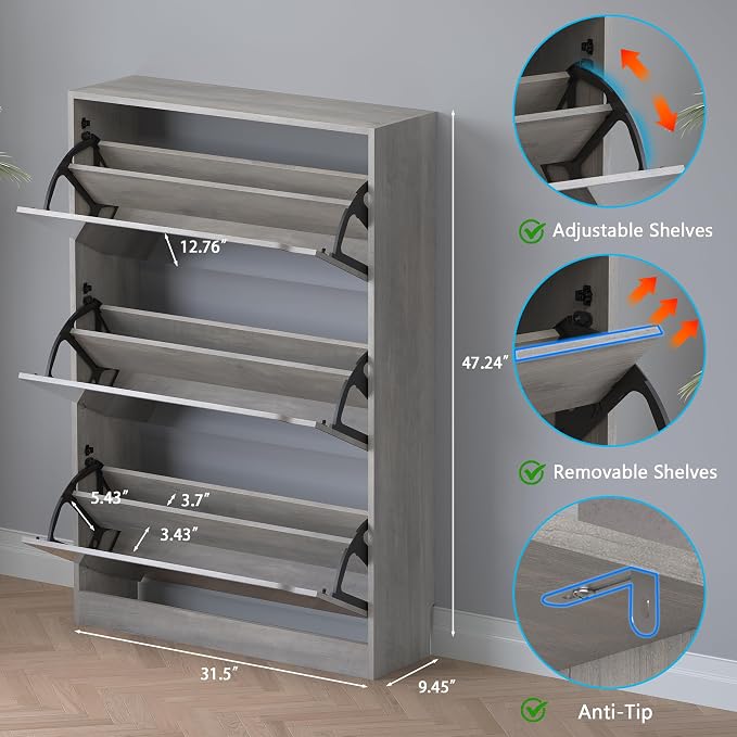BORNOON Shoe Cabinet with 3-Flip Mirror Drawers, Freestanding Shoe Rack - Image 2
