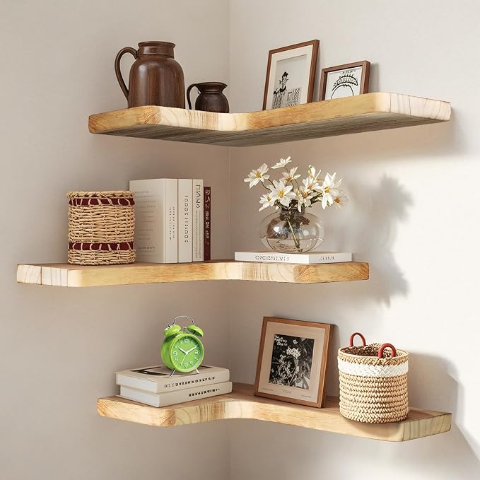 Floating Corner Shelves Set of 3, Solid Wood Picture Wall Shelf, Floating by Unknown