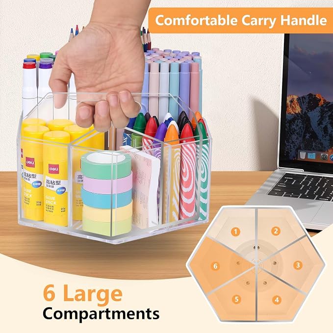 Pen Holder for Desk Acrylic, Large 6 Slots 360-Degree Rotating Marker Organizer - Image 3