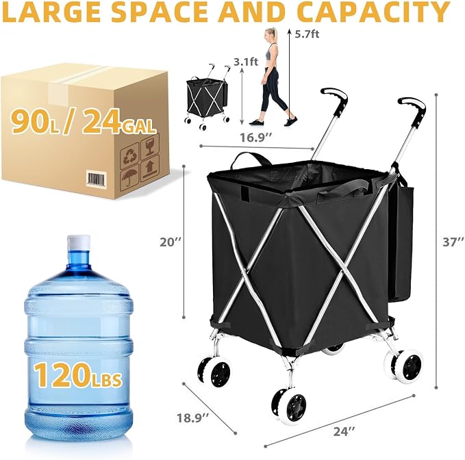 Folding Shopping Cart for Groceries, Water-Resistant Heavy-Duty Canvas Trolley - Image 3