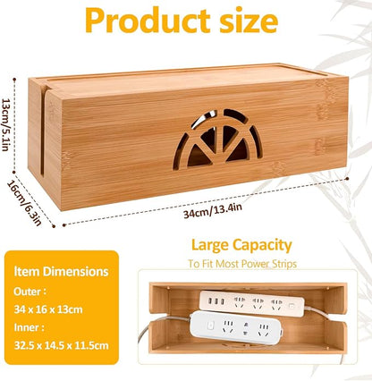 Bamboo Cable Management Box, Extra Large Cord Organizer Box, Power Strips Hider - Image 2