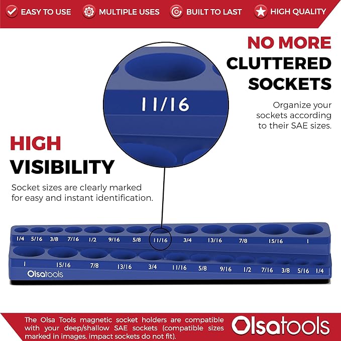 Olsa Tools Magnetic Socket Organizer | 3/8-inch Drive | SAE Blue | Holds 26 - Image 2