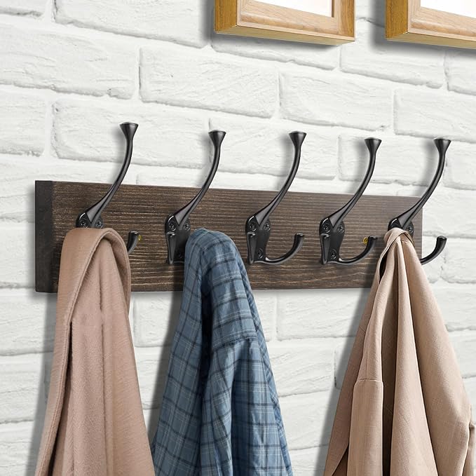 IBosins 2 Pack Coat Rack Wall Mount, Rustic Wooden Metal Coat Hooks Rail - Image 3
