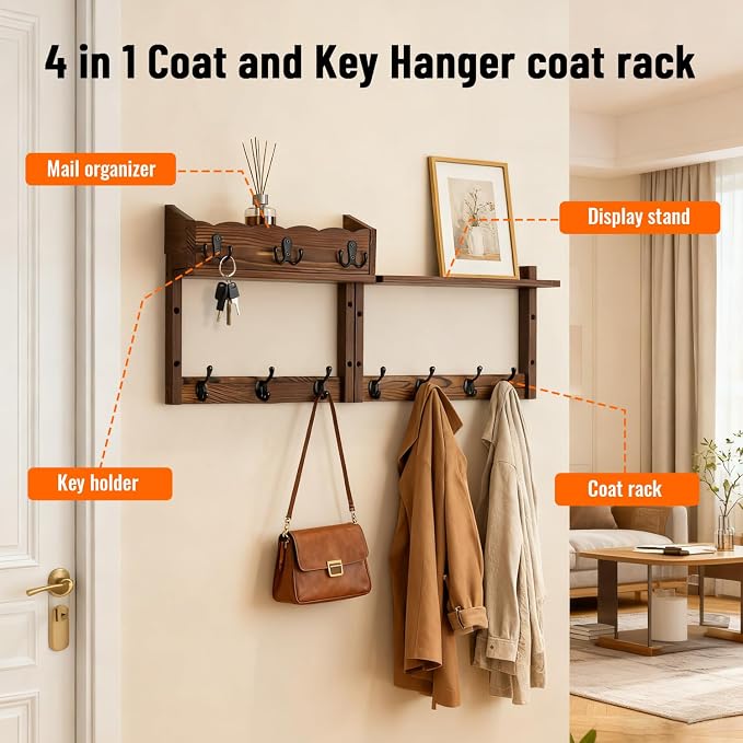 28" Coat Rack Wall Mount with Shelf with 7 Hooks 3 Key Hanger | Entryway Key - Image 3