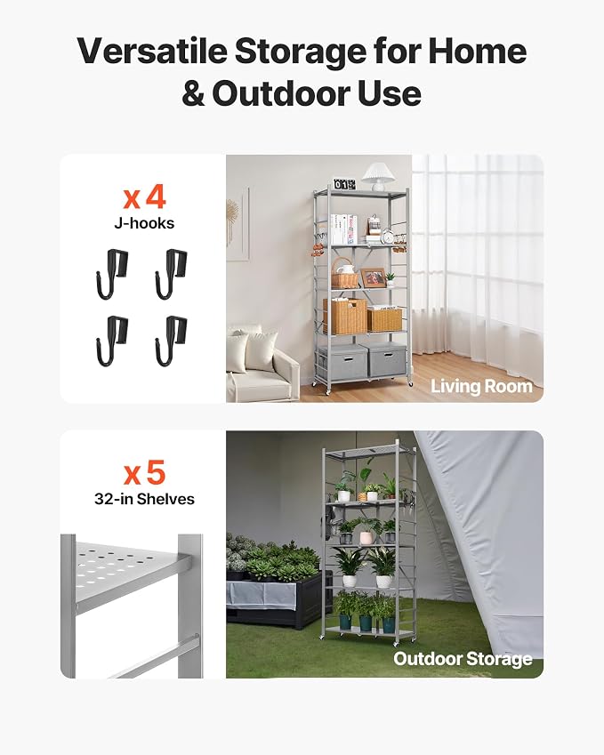 VEVOR 5-Tier Foldable Storage Shelf, 32W x 14D x 72H Inch Folding Metal Rack - Image 8