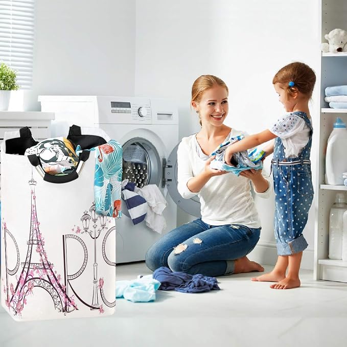 Tower Eiffel With Paris Lettering Large Laundry Hamper with Handle Foldable - Image 5