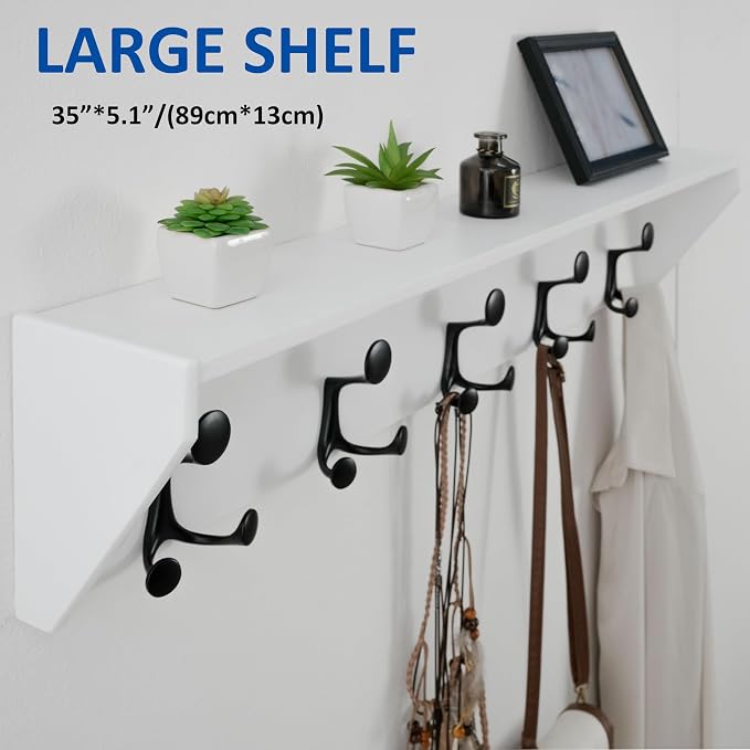 WEBI Wall Shelf with Hooks Underneath, 35” Long Wall Mounted Coat Rack with - Image 8