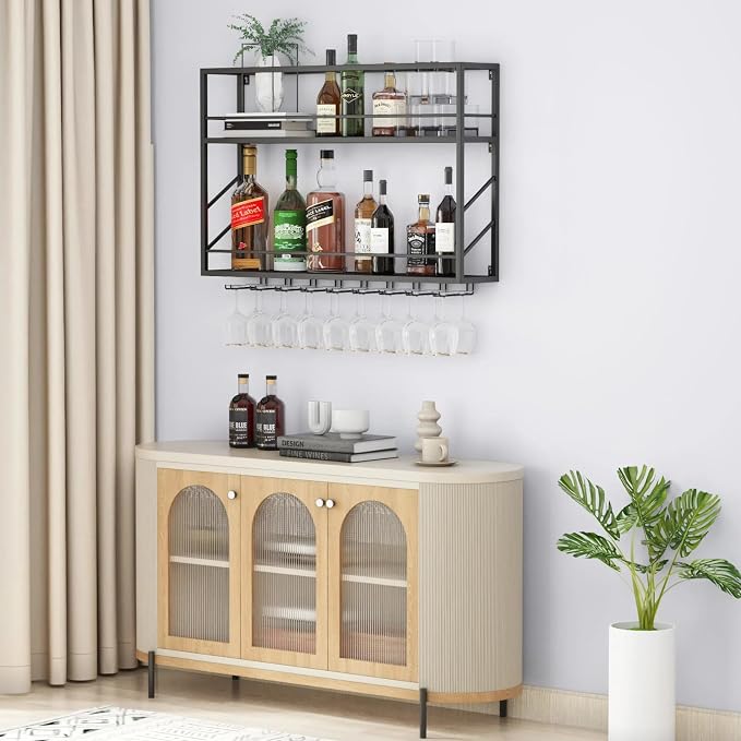 Wall Mounted Wine Rack with Glass Holder，Stylish Mini Floating Bar Shelves - Image 3