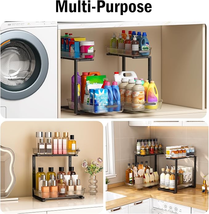 ARSTPEOE 2 Pack Double Sliding Under Sink Organizers and Storage, Two Tier - Image 3