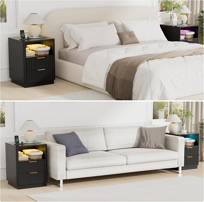 VOWNER Fluted Nightstand with Charging Station, 18” RGB Night Stand with 2 - Image 8