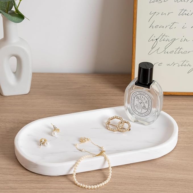 Koville White Marble Oval Tray for Bathroom Countertop, Stone Perfume Organizer - Image 6