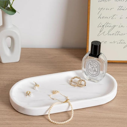 Koville White Marble Oval Tray for Bathroom Countertop, Stone Perfume Organizer - Image 6