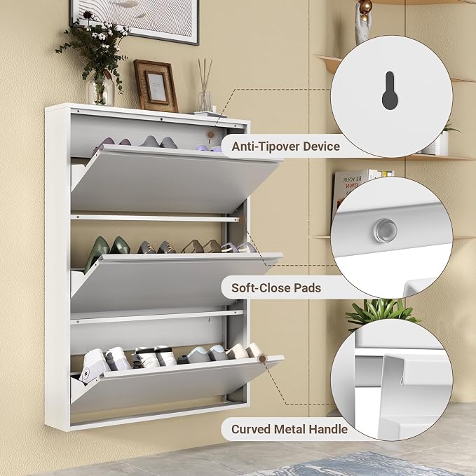 Metal Shoe Cabinet with 3 Flip Drawers, Slim Wall Mounted, Hallway and Mudroom - Image 7