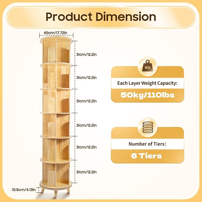 Rotating Bookshelf, 6-Tier Pine Wood Bookcase, Freestanding Bookcase Books - Image 3