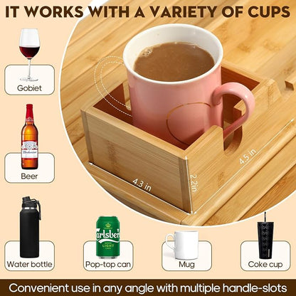 Bamboo Couch Arm Tray with Detachable Cup Holder, 2 in 1 Foldable Anti-Falling - Image 5