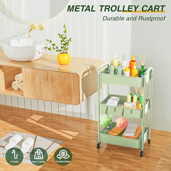 LEHOM 3 Tier Rolling Storage Cart, Metal Trolley Utility Cart - Image 2