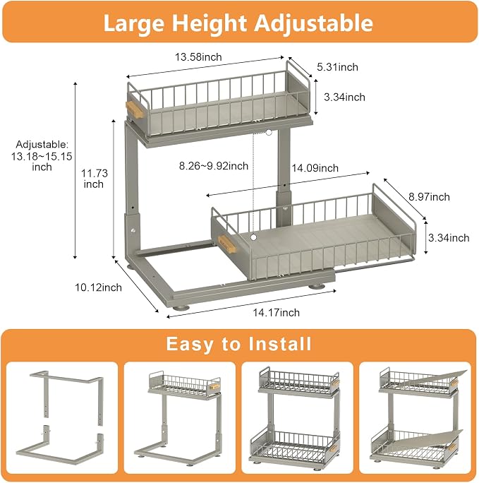 Under Sink Organizer, High Adjustable 2 Tier Under Kitchen Sink Organizer - Image 3