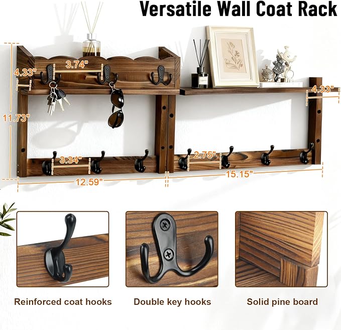 28" Coat Rack Wall Mount with Shelf with 7 Hooks 3 Key Hanger | Entryway Key - Image 2