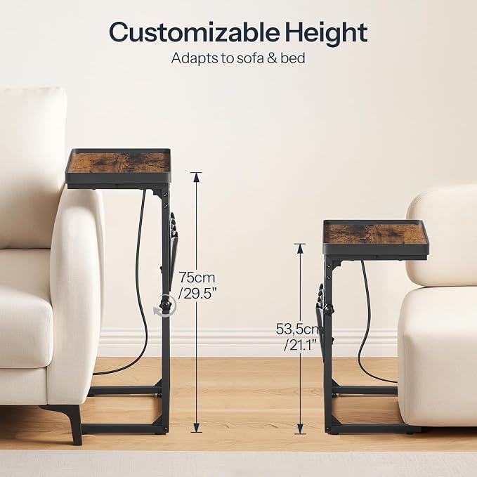 HOOBRO C-Shaped End Table with Charging Station, 29.5” Adjustable Height Side - Image 3