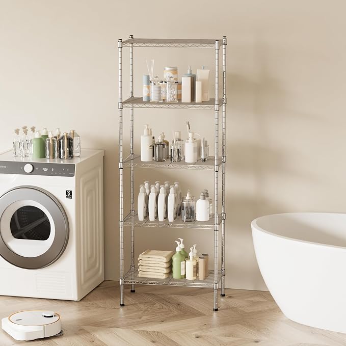 5 Tier Shelving Unit, 176 LBS Per Shelf Height Adjustable Narrow Storage Shelves - Image 2